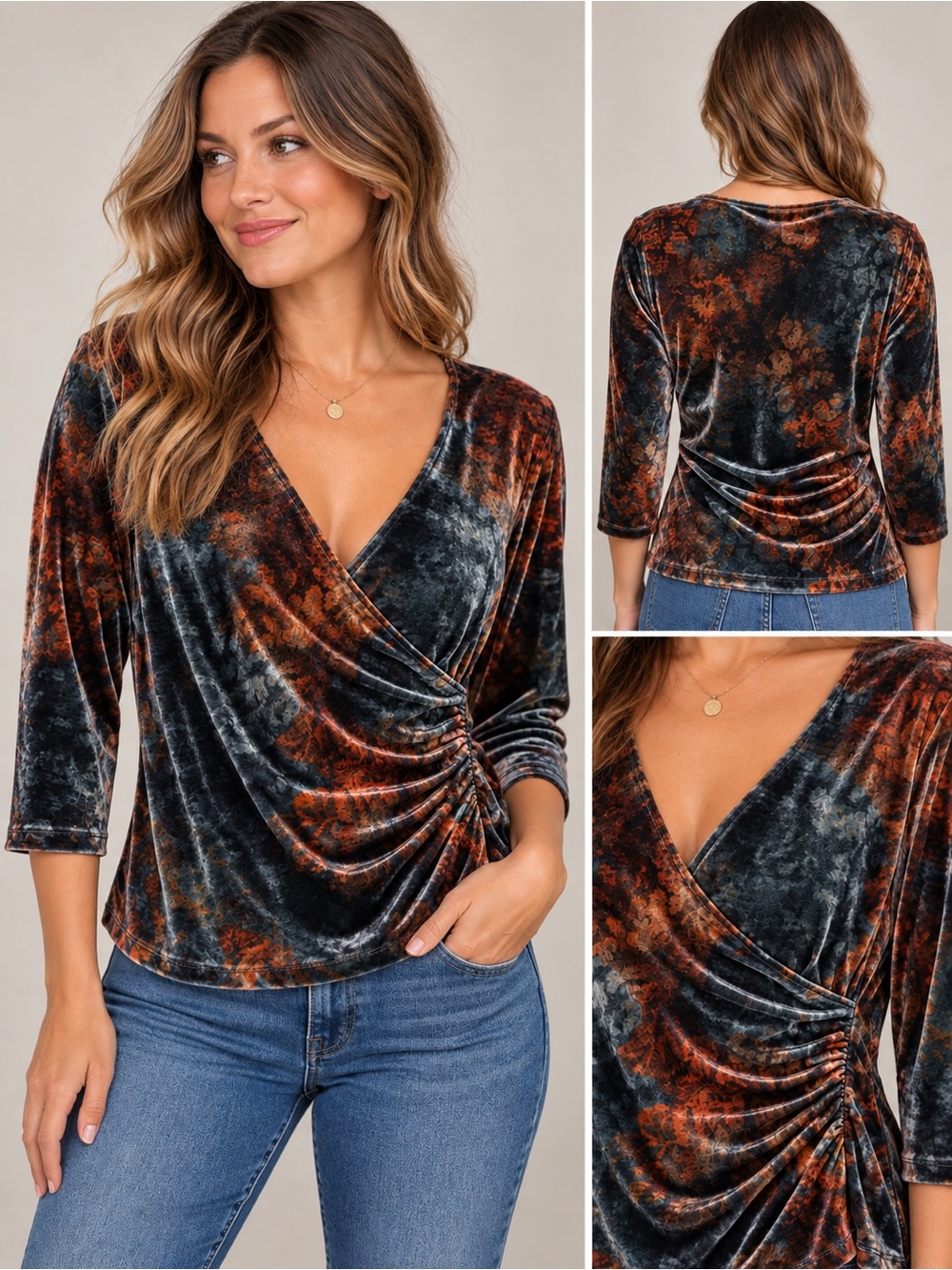 Soft Surroundings Velvet Alyssa Knit Wrap Top Large Rust Teal Floral 3/4 Sleeve